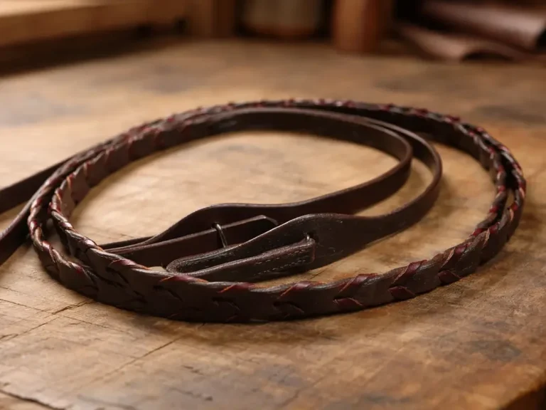 Handgefertigte Lederzügel auf Werkbank