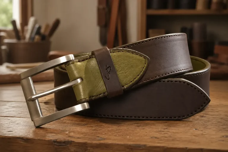 Braun und Khaki mit gebürsteter Edelstahlschnalle. Brauner Ledergürtel mit khakifarbenem Innenleder und gebürsteter Edelstahlschnalle.