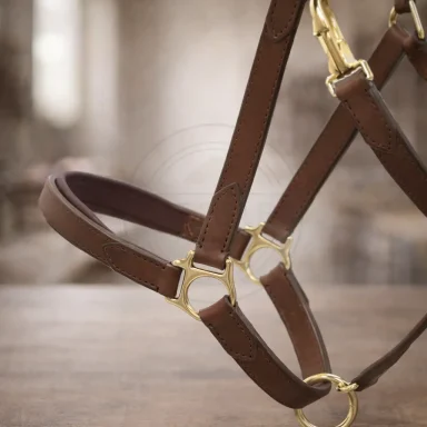 Detail des Nasen- und Kinnriemens eines Lederhalfters mit Triangelbeschlag