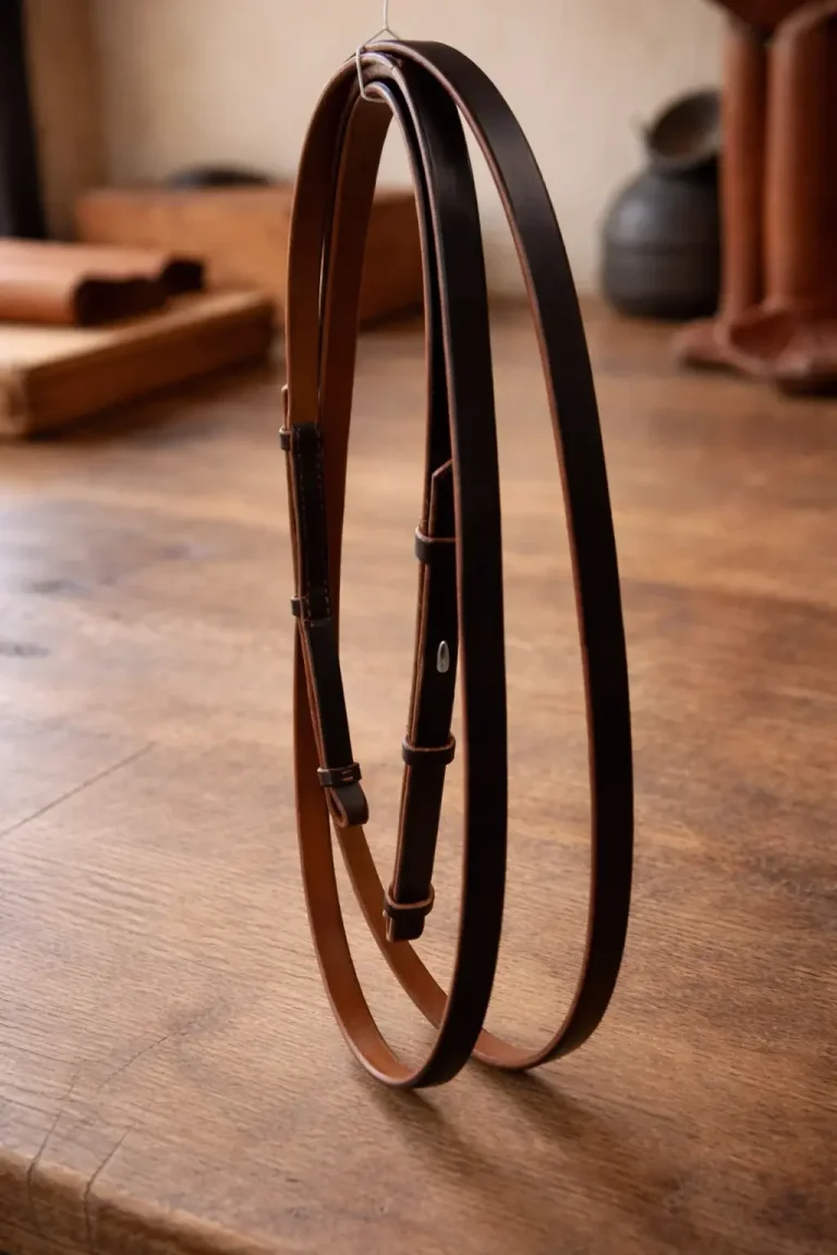 geschlossene Lederzügel mit Bridle Hooks auf der Werkbank der Sattlerwerkstatt