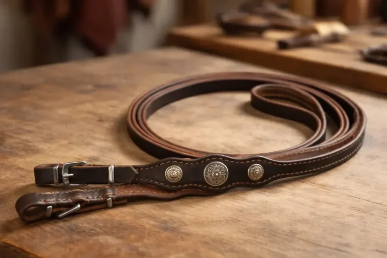 geschlossene Lederzügel mit Schnallen, Metallschlaufen und Conchos auf der Werkbank