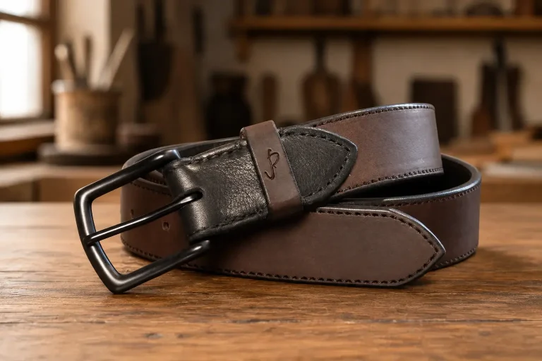 Dunkelbraun, Schwarz und mattes Metall – ruhig und markant. Dunkelbrauner Ledergürtel mit schwarzem Innenleder und matter schwarzer Schnalle.