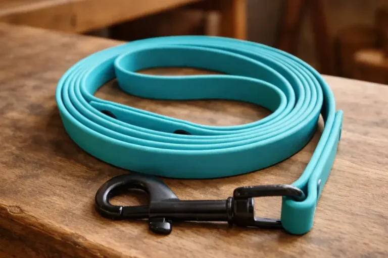 Biothane Führleine mit Handschlaufe und Karabinerhaken auf der Werkbank