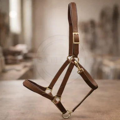 maßgefertigtes Lederhalfter in Seitenansicht aus der Sattelier Werkstatt