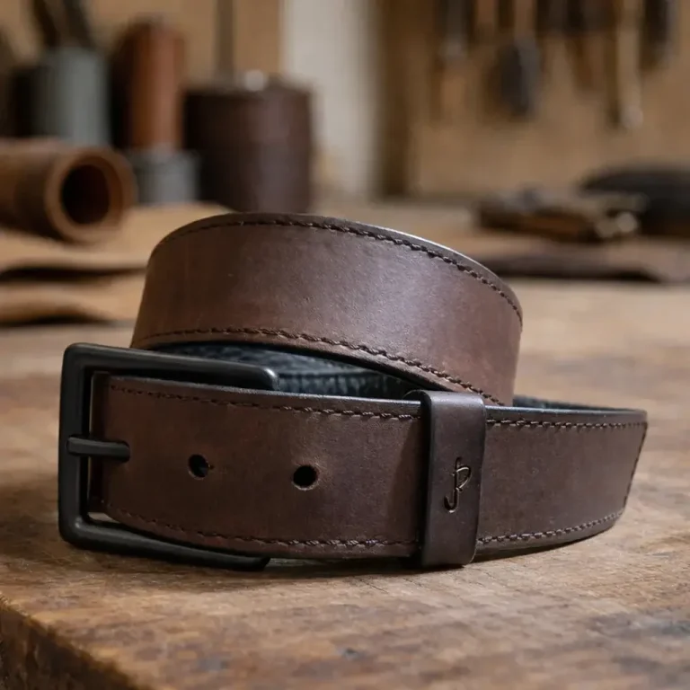 Handgefertigter Ledergürtel aus braunem Blankleder mit schwarzer Innenseite und matt schwarzer Schnalle aus der Sattelier Werkstatt