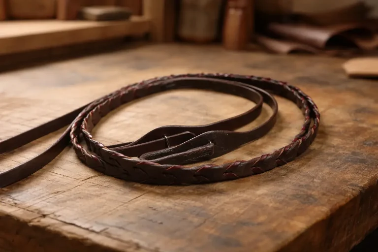 geschlossene Lederzügel mit Latigo-Flechtung und Schnellverschluss auf der Werkbank
