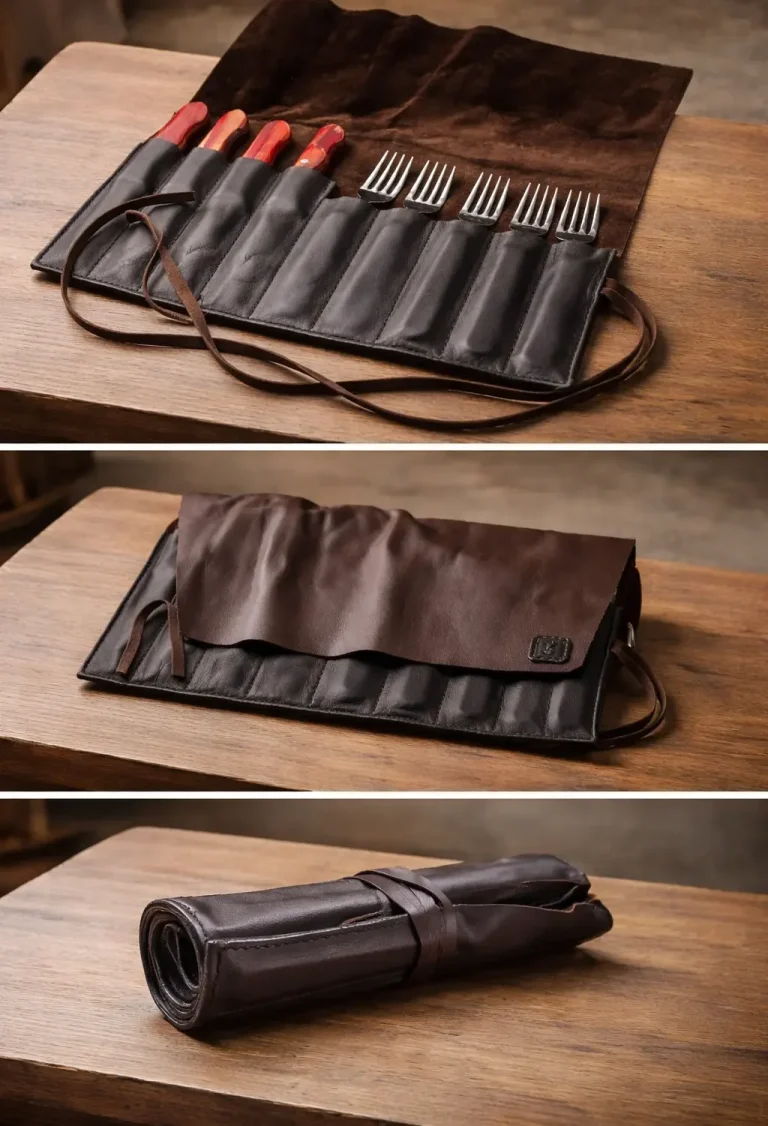 Handgefertigte Messerrolle aus Leder für Grillmesser und Gabel-Set aus braunem und schwarzem Polsterleder