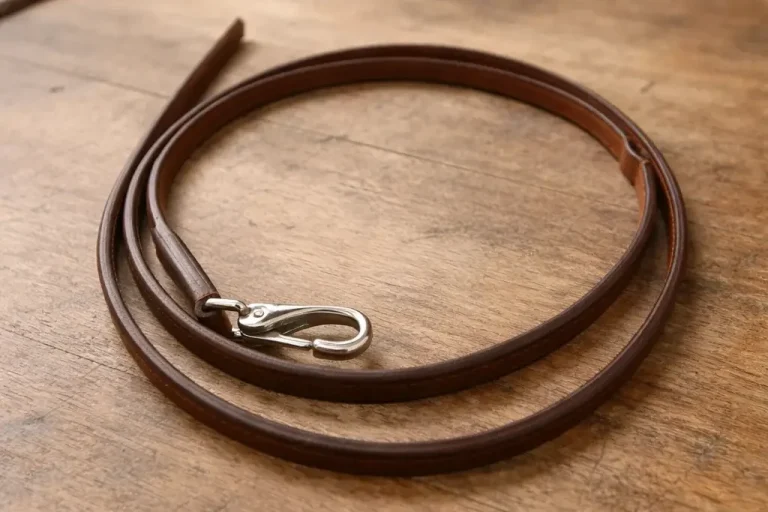 Lederführleine mit Karabinerhaken auf der Werkbank der Sattlerwerkstatt