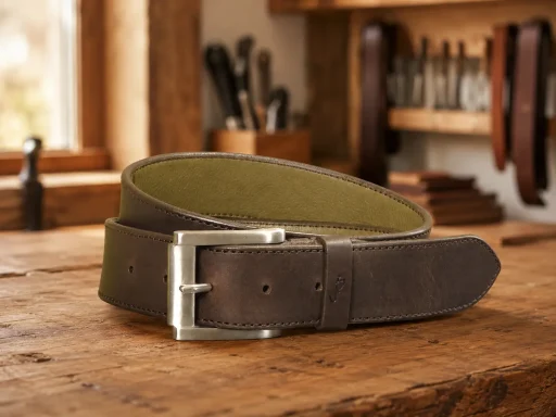 Braun / Khaki Handgefertigter Ledergürtel nach Maß mit braunem Außenleder, khakifarbenem Innenleder und gebürsteter Edelstahlschnalle
