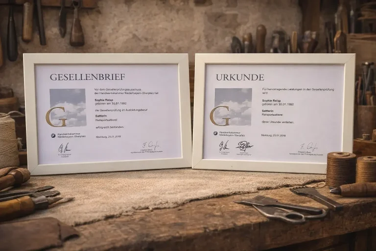 Gesellenbrief und Urkunde aus der Ausbildung im Sattlerhandwerk