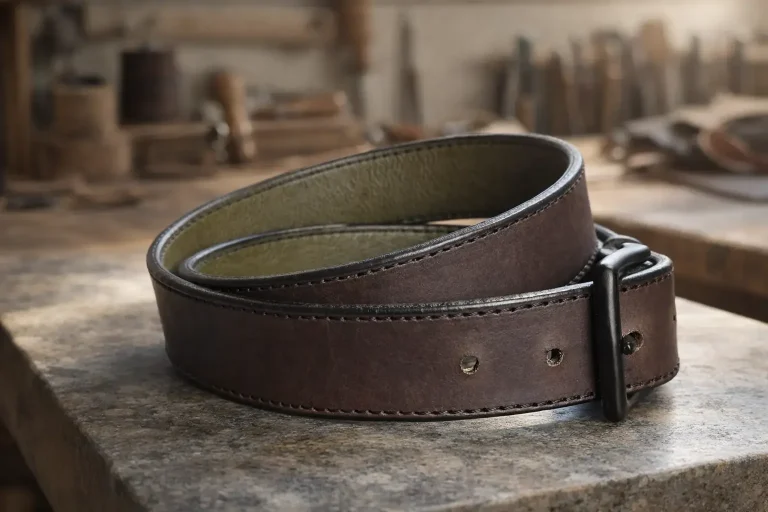 Handgefertigter Ledergürtel aus braunem Blankleder mit khaki Nappaleder doubliert und matt schwarzer Schnalle aus der Sattelier Werkstatt