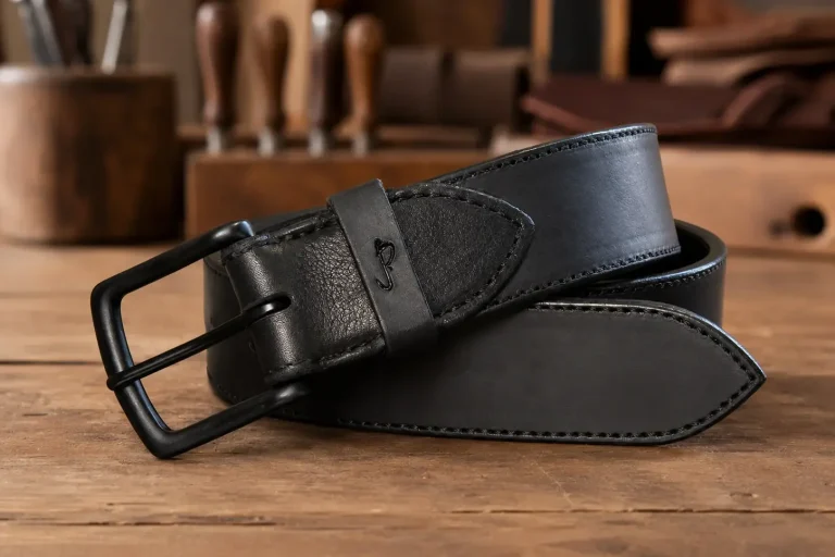 Schwarz in Schwarz – klar, reduziert und handwerklich präzise. Schwarzer Ledergürtel mit schwarzem Innenleder und matter schwarzer Schnalle.