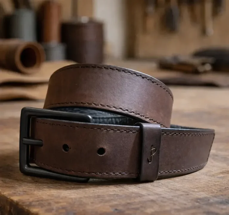 Maßgefertigter Ledergürtel aus braunem Blankleder mit schwarzem Polsterleder und schwarzer Schnalle
