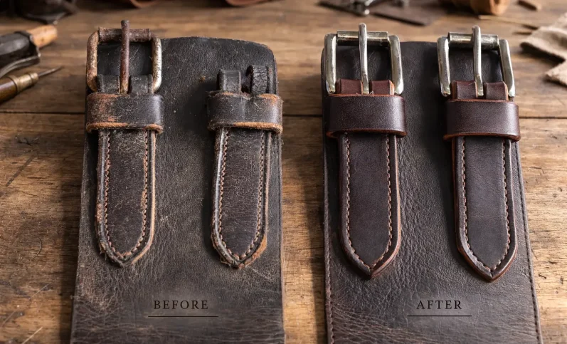 Vorher-Nachher Vergleich einer Lederreparatur an einem traditionellen Pferdebauchgurt mit erneuerten Schnallen und Lederkappen