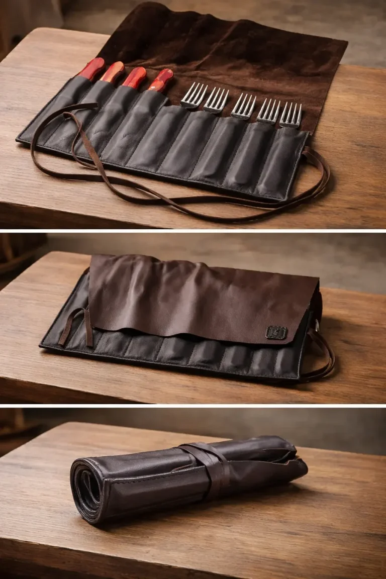 Handgefertigte Messerrolle aus Leder für Küchenmesser als Sonderanfertigung aus der Sattelier Werkstatt