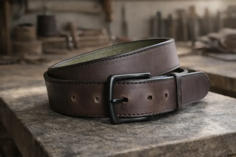 Ledergürtel braun khaki mit schwarzer Schnalle und schwarzer Naht